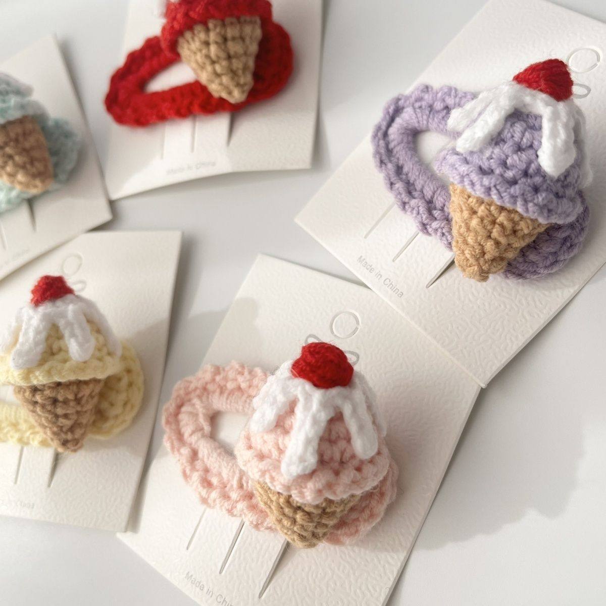 手工毛线钩织发夹成品冰淇淋可爱小卡子立体马卡龙色系全包不伤发,淘宝优惠券,粉丝福利购,淘宝优惠卷