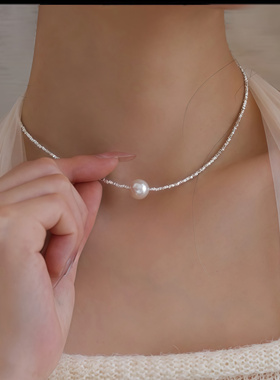 碎银子珍珠项链女轻奢小众2025新款爆款锁骨链遮疤痕微笑链