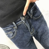 [做旧深蓝简约百搭微跨牛仔裤男 潮秋新修身小脚工装老爹社会青年]
