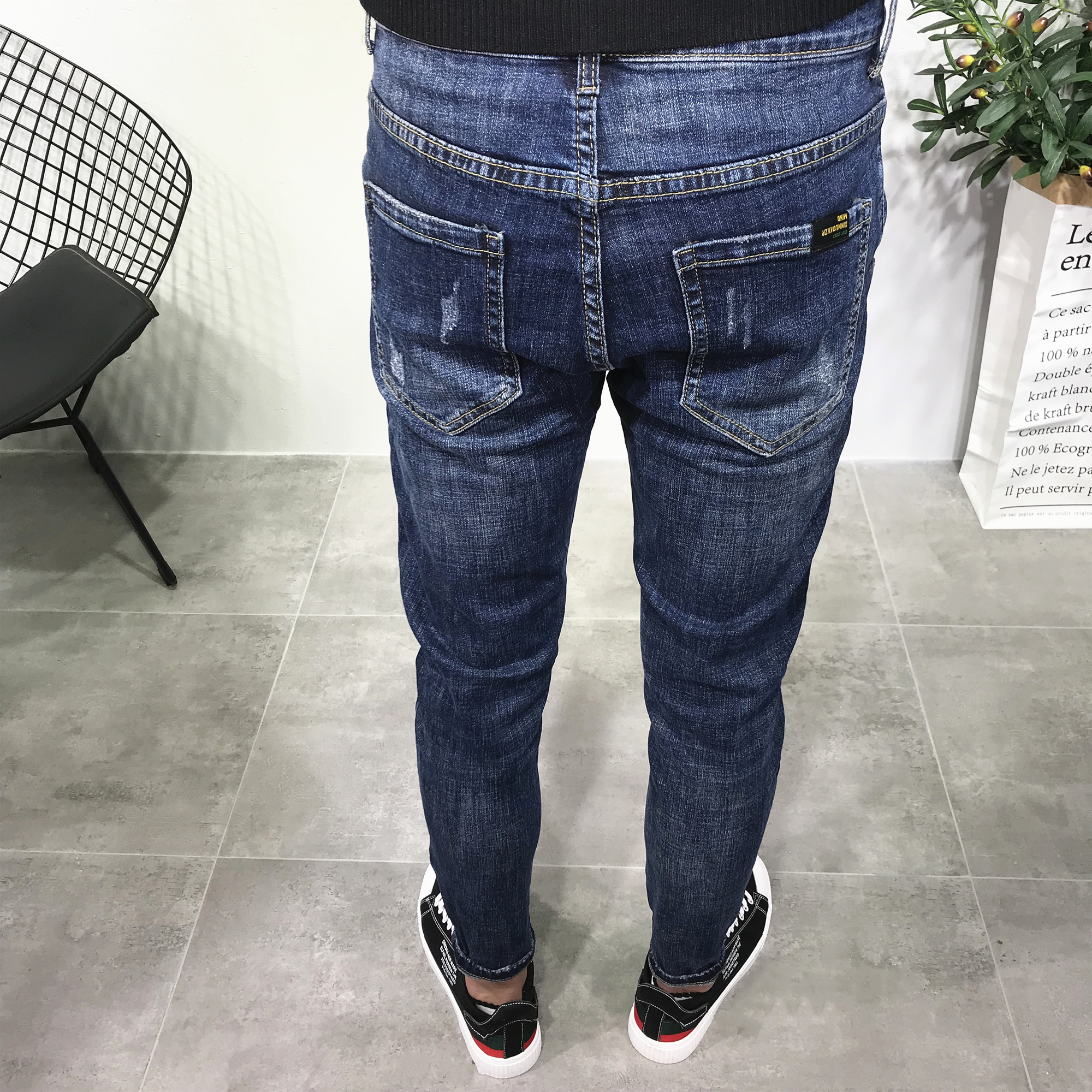 斜插口袋微跨深蓝牛仔裤男潮秋新韩修身小脚老爹工装长裤社会青年 - 图2