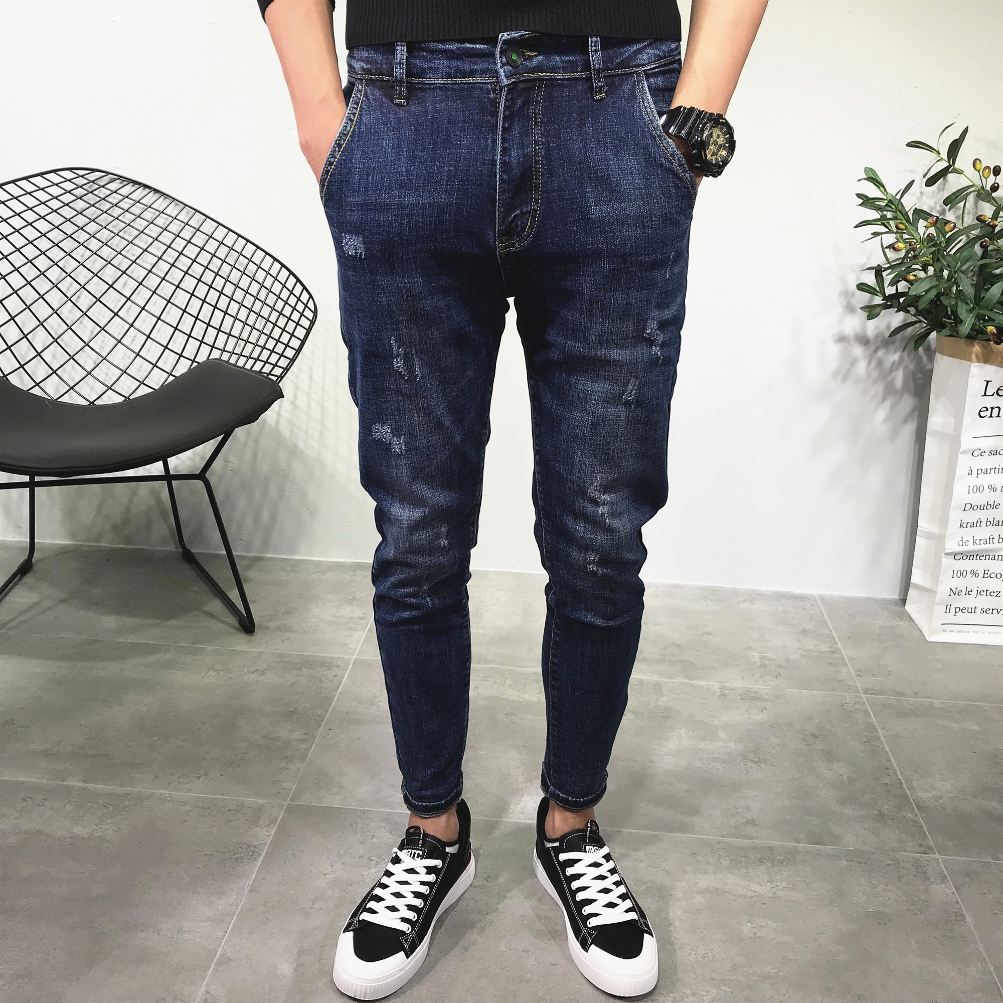 斜插口袋微跨深蓝牛仔裤男潮秋新韩修身小脚老爹工装长裤社会青年 - 图0