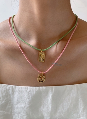 彩色棉线椰子树花朵吊坠项链