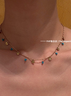 蓝松石椰子树项链南法度假锁骨链
