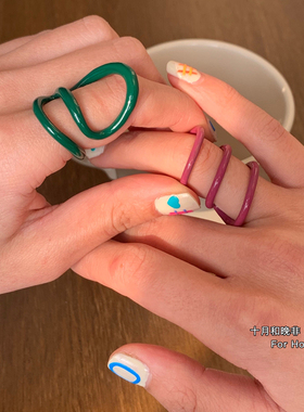 十月和晚非 小众设计线条手工滴油戒指  ins千禧个性镂空夸张指环