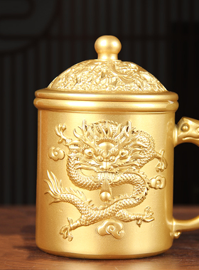 新款黄铜百福杯纯黄铜茶缸高档家居茶道摆件古玩铜器收藏带盖把手