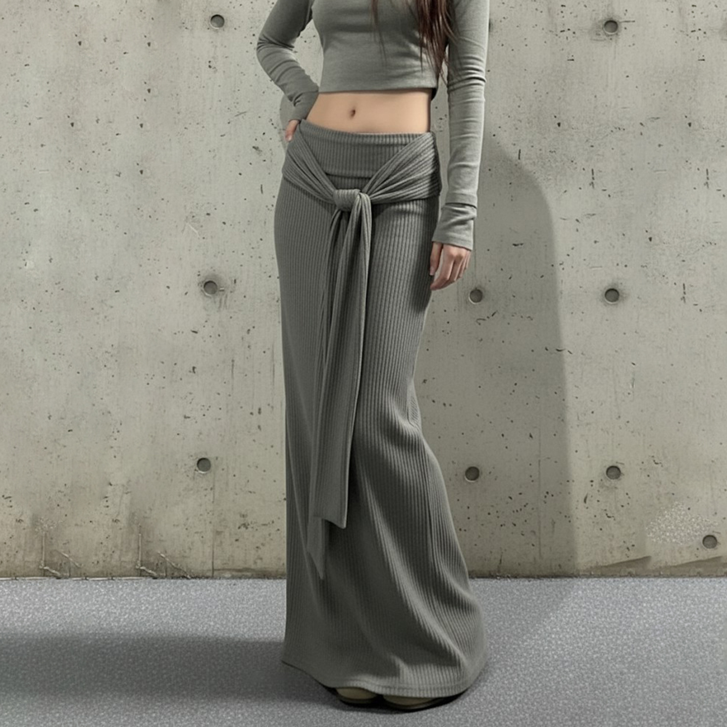 ROCKMORE【美式简约】灰色低腰绑带坑条针织长裙辣妹休闲中长裙潮 - 图1