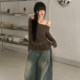ROCKMORE ສາວເກົາຫຼີຮ້ອນຫວານ lace stitching pleated slim top off-shoulder sexy ເສື້ອຍືດແຂນຍາວ