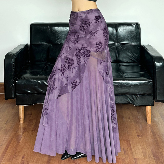 Purple pleated irregular mesh skirt