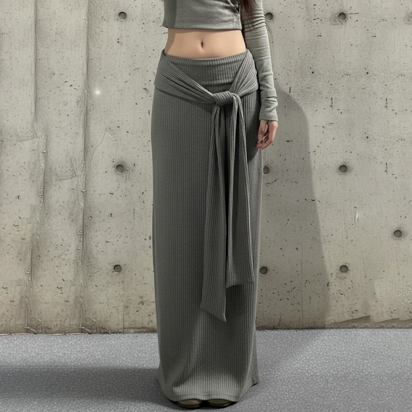 ROCKMORE【美式简约】灰色低腰绑带坑条针织长裙辣妹休闲中长裙潮 - 图0