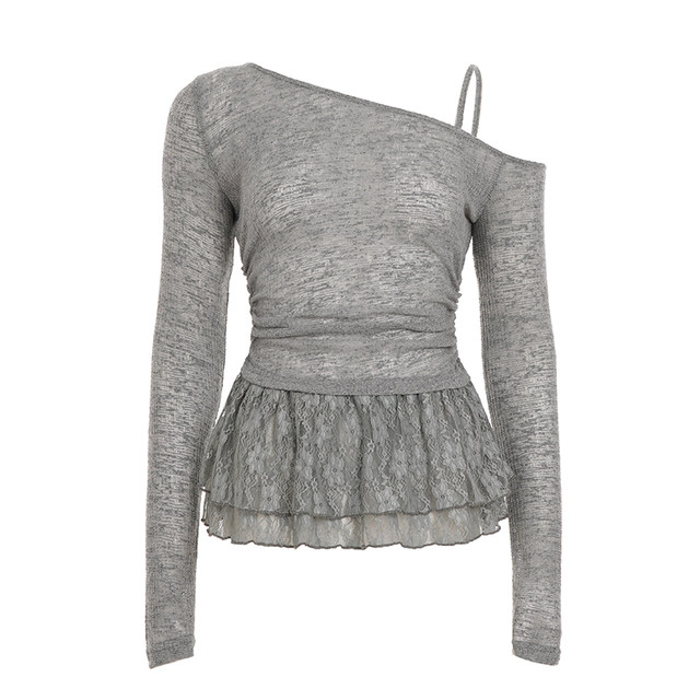 ROCKMORE ສາວເກົາຫຼີຮ້ອນຫວານ lace stitching pleated slim top off-shoulder sexy ເສື້ອຍືດແຂນຍາວ