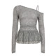ROCKMORE ສາວເກົາຫຼີຮ້ອນຫວານ lace stitching pleated slim top off-shoulder sexy ເສື້ອຍືດແຂນຍາວ