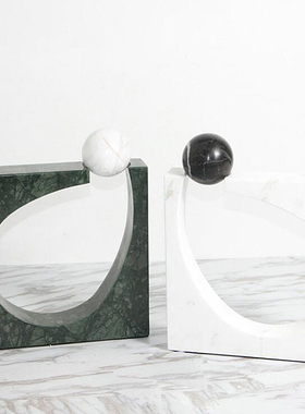 设计师简约现代白绿色大理石正方圆形摆件样板房客厅书房软装饰品