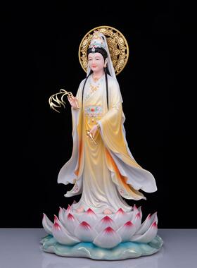 家用汉白玉彩绘站南海观音佛像