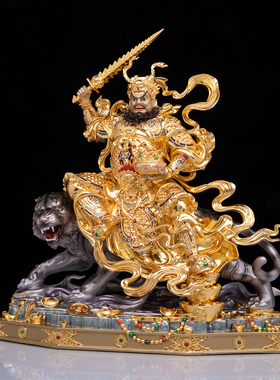 全铜彩绘贴金赵公明神像骑黑虎武财神爷赵公明铜像家用供奉摆件