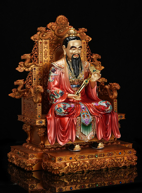 三清道祖全铜彩绘九龙椅供奉摆件