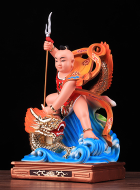 抓龙角哪吒三太子彩绘神像摆件