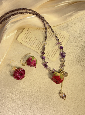 春款玫紫色真鲜花花朵项链复古项链紫水晶真珍珠颈链清新锁骨链