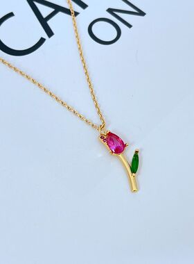 锆石金属十字链女式郁金香项链