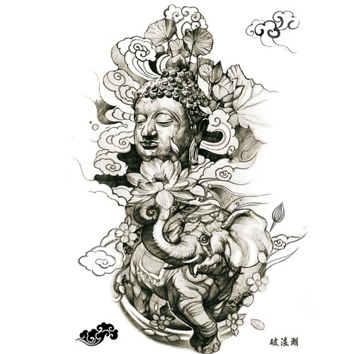 破浪潮纹身贴全包花臂包佛头莲花象神半甲写实素描网红黑超大男女 - 图3