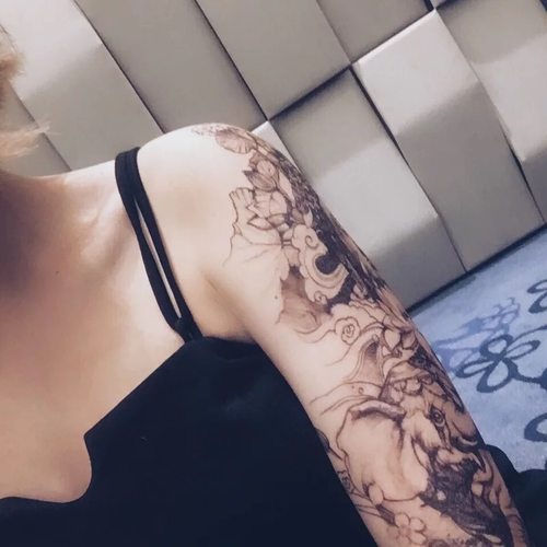 破浪潮纹身贴全包花臂包佛头莲花象神半甲写实素描网红黑超大男女 - 图1