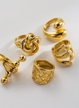 欧美风不锈钢夸张戒指高级感金色不规则设计感指环水滴扭结戒指女