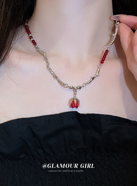 森系红色郁金香项链汉服花朵颈链