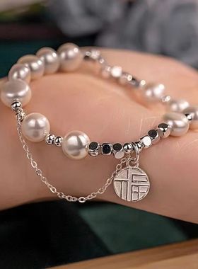 天然巴洛克淡水珍珠福牌手链女小众轻奢高级感原创设计复古S925银