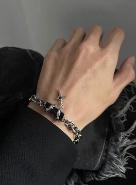 Men Bracelet 2024 Retro Black Zircon Star Chain Women Stainl