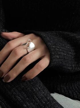 Minimalist Wave Open Ring Adjustable Wide Band Silver Color