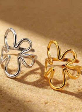 Stainless Steel Gold Color Hollow Flower Open Ring for Women