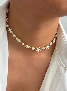 Vintage Adjustable Boho Starfish Necklace White Hip Hop Imit