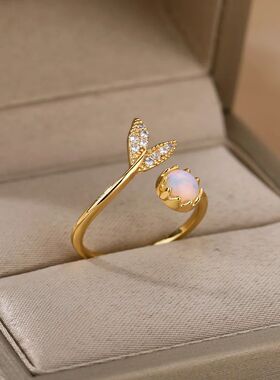 Fashion Leaves Opal Rings For Women Stainless Steel Opal Cry
