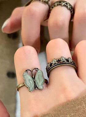 Vintage Drip Oil Butterfly Flower Rings for Women Men Simple