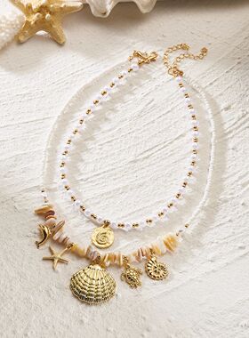 Bohemian Double Layer Starfish Conch Shell Pendant Necklace