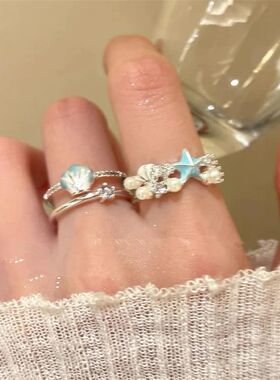 Korean Fashion Cute Starfish Shell Pearl Open Metal Ring For
