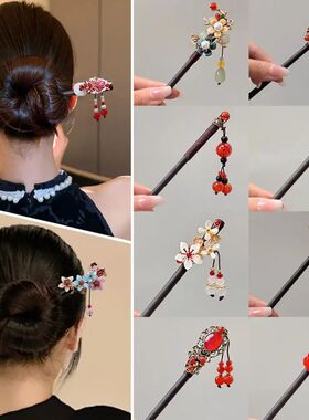 New Chinese Style Red Flower Hair Clip Tassel Hair  Floral D