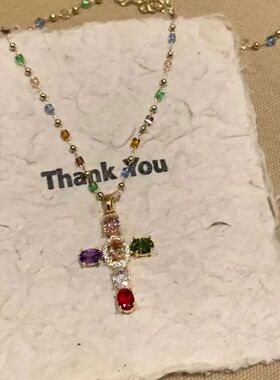 Colorful Zircon Cross Pendant Necklace, Stainless Steel Reli
