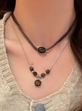 Retro Tiger Eye Leather Choker Necklace, Chinese Ethnic Styl