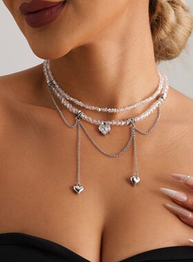 Double Chain Tassel Necklace with Heart Pendant, Crystal Zir