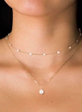 Gold Pearl Necklace for Women K Gold Plated Layered Pearl Ne
