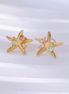 Water Drop Zircon Starfish Stud Earings for Women Men Silver