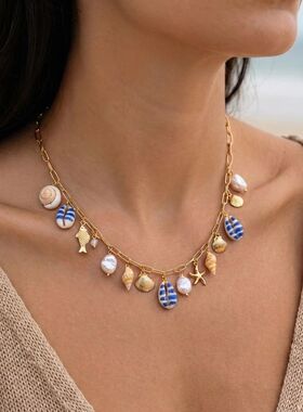 Boho Colorful Shell Necklace For Women Gold Color Starfish C