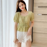 Корсет, шифоновая короткая летняя рубашка, на шнурках, квадратный вырез, короткий рукав