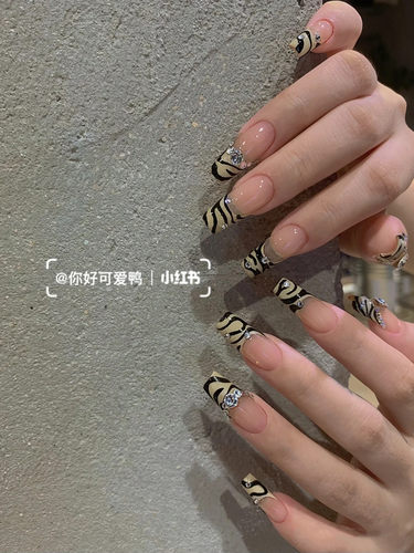 欧美透裸色手绘豹纹法式美甲成品穿戴假指甲贴片显白长款甲片定制 - 图0