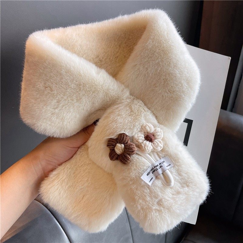 仿兔毛围巾女秋冬季韩版卡通可爱小花毛绒加厚保暖学生护颈小围脖,淘宝优惠券,粉丝福利购,淘宝优惠卷