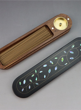 黑檀木推盖嵌黄铜线香盒木质卧香炉存香点香两用熏香盒居室简约刻