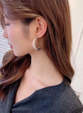 s925银针法式欧美风耳饰网红气质轻奢耳圈夸张大气C形大圈圈耳环