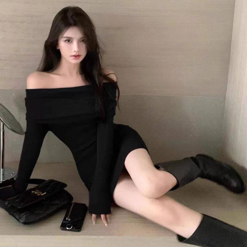 一字领露肩纯欲辣妹长袖连衣裙女春季新款修身显瘦内搭包臀短裙子,淘宝优惠券,粉丝福利购,淘宝优惠卷