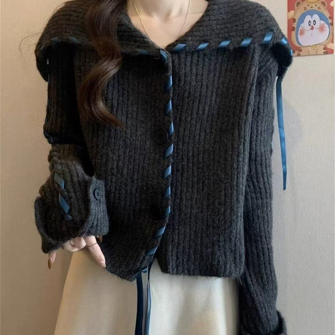 海军领毛衣外套女早秋大码胖mm时髦洋气减龄上衣短款针织开衫,淘宝优惠券,粉丝福利购,淘宝优惠卷