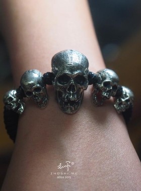主师原创纯银骷髅头编织手链
